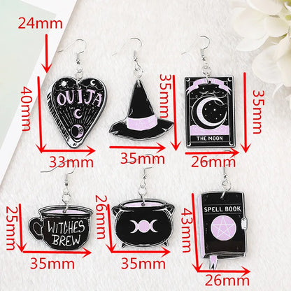 1Pair Fashion Black Witchy Charms Spooky Creative Acrylic Cauldron Planchette Dangle Earrings For Women Girl Birthday Gift