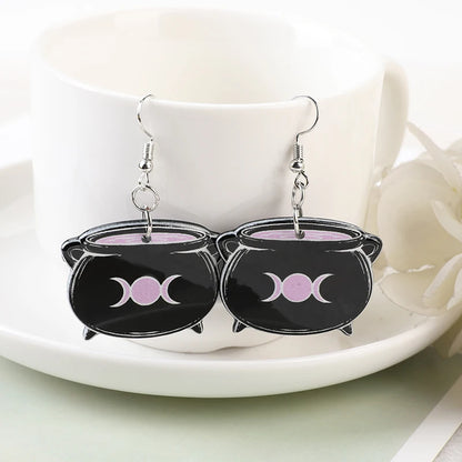 1Pair Fashion Black Witchy Charms Spooky Creative Acrylic Cauldron Planchette Dangle Earrings For Women Girl Birthday Gift