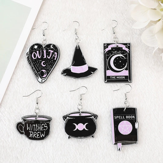 1Pair Fashion Black Witchy Charms Spooky Creative Acrylic Cauldron Planchette Dangle Earrings For Women Girl Birthday Gift