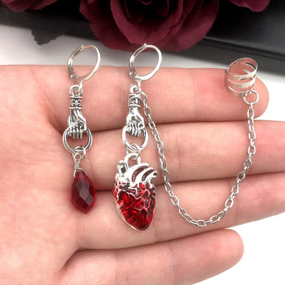 The Beating Heart Asymmetrical Cuff Earrings Chain Ear Cuff Clip Jewelry Gift,Witchy Gothic Vampire Spooky Boho Bohemian