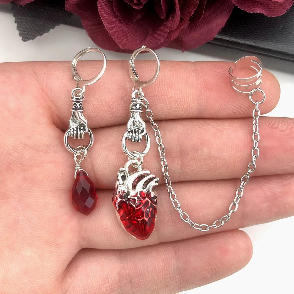 The Beating Heart Asymmetrical Cuff Earrings Chain Ear Cuff Clip Jewelry Gift,Witchy Gothic Vampire Spooky Boho Bohemian